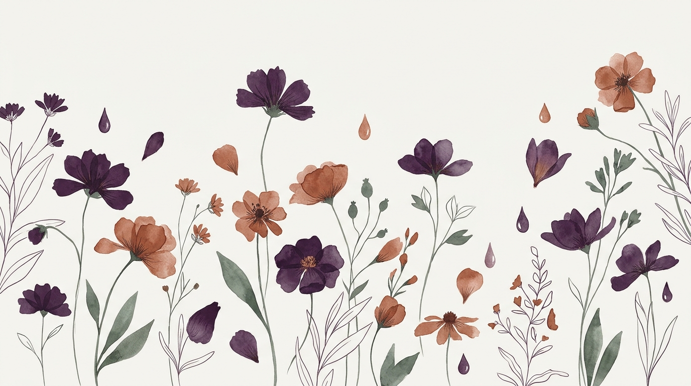 Ilustração em aquarela de uma conversa acolhedora que se transforma em pétalas — o quiz que dá origem ao floral
