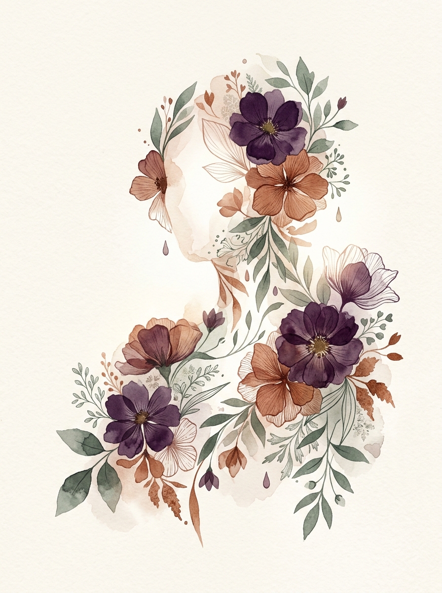 Retrato etéreo em aquarela da Petalia — um rosto sereno formado por flores e folhas em tons de ameixa, cobre e verde