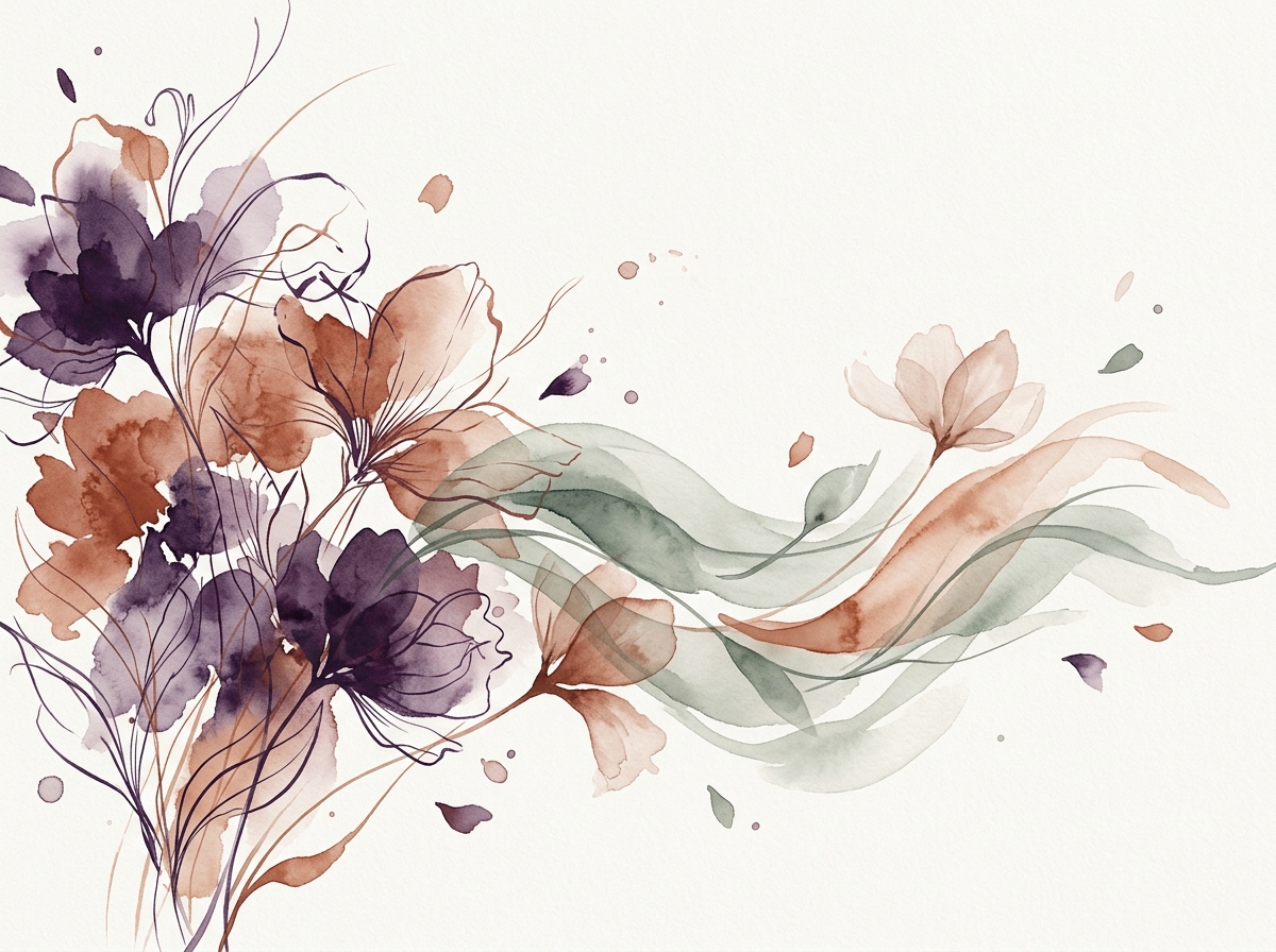 Composição botânica em aquarela sugerindo emoções que se acalmam, em tons de ameixa, cobre e verde